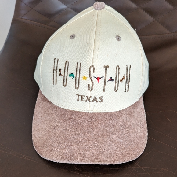 Houston, Texas Leather Strapped Hat - Beige & Brown-Steers, Stars, Boots, Cowboy - Picture 1 of 6